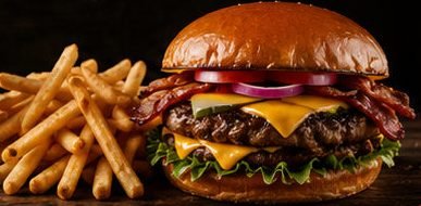 Hamburguesa con queso y tocino, lechuga, tomate y cebolla morada, junto a papas fritas