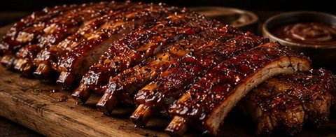 Costillar de cerdo glaseado con salsa BBQ sobre una tabla de madera