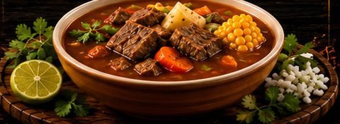 Plato de caldo de res con elote, papa, zanahoria y cilantro
