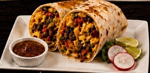 Burrito de desayuno partido a la mitad, relleno de huevo, papa, chile y carne, con salsa roja y limón
