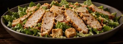 Ensalada César con tiras de pollo a la parrilla, crutones y queso parmesano