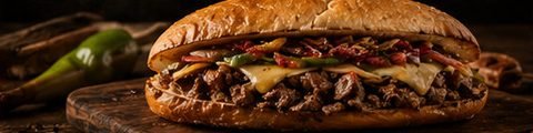 Sándwich de bistec con queso en pan largo, con carne en tiras, chiles y queso derretido