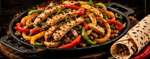 Sartén de fajitas con pimientos rojos, amarillos y verdes