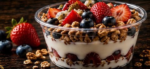 Parfait de yogur con granola, fresas y moras azules
