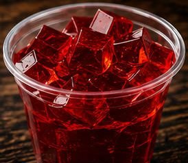 Cubos de gelatina roja en vaso transparente