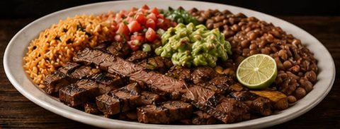 Carne asada en tiras con arroz, frijoles, guacamole, pico de gallo y limón