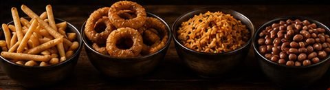 Cuatro tazones de acompañantes: papas fritas, aros de cebolla, arroz y frijoles