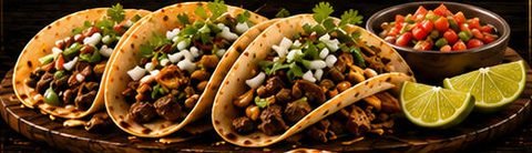 Tres tacos de tortilla suave con carne a la parrilla, cebolla y cilantro, con limón y pico de gallo