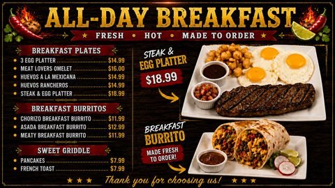 Pizarrón del menú de desayunos todo el día con platos de desayuno, burritos de desayuno, hotcakes y pan francés, con precios