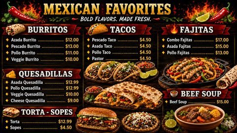 Pizarrón de favoritos mexicanos con burritos, quesadillas, torta y sopes, tacos, fajitas y caldo de res, con precios